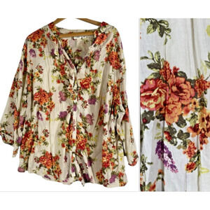 Cato Top 26 28 4X Button Up Beige Orange Purple Floral Fall Romantic Cottagecore